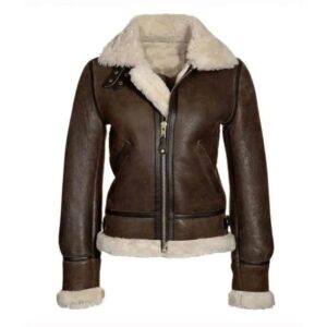 B3 Bomber Military Jacket Fur Shearling Brown Real Leather Winter Coat Womens
