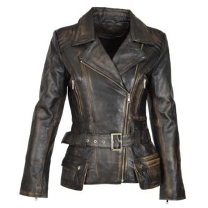 Side Pocket Distressed Vintage Wax Womens Biker Leather Jacket