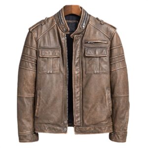 Zipped Collar Vintage Cafe Racer Distressed Brown Jacket Mens