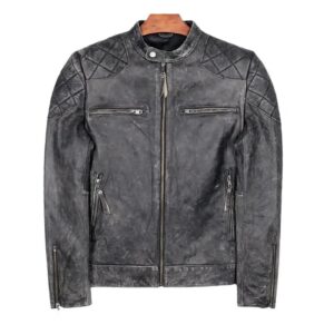 Cafe Racer Vintage Style Wax Black / Brown Biker Leather Jacket Mens