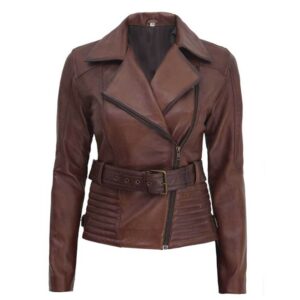 Womens Biker Outline Wax Brown Streetwear Motorcycle Leather Jacket