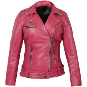 Womens Road Angel Motorcycle Pink Leather Jacket