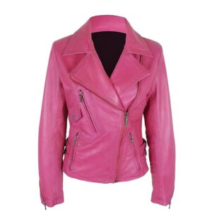 Womens Motorcycle Slim Fit Hot Pink Leather Jacket Blazer Coat