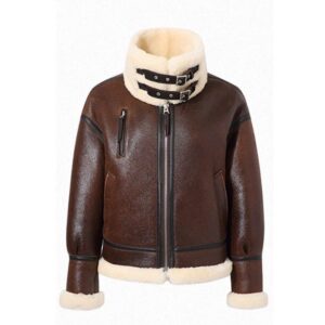 High Neck Collar Military Bomber Fur Womens Brown Leather Jacket