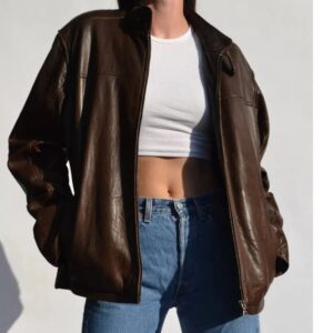1990’s Women Oversize Streetwear Brown Leather Jacket Biker Jacket Womens Vintage Style Wax Brown Real Sheepskin Leather Motorcycle Overcoat
