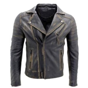 Double Zip Slim Fit Style Motorcycle Biker Distressed Black Leather Jacket Mens