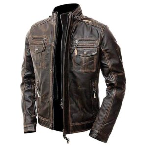 Retro Cafe Racer Distressed Brown Biker Leather Jacket Mens