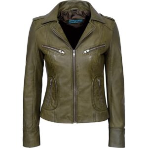 Vintage Military Style Cropped Motorcycle Leather Jacket Womens Wax Green Slim Fit Biker Jacket