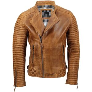 Mens Cafe Racer Motorcycle Jacket Wax Tan & Black Biker Coat