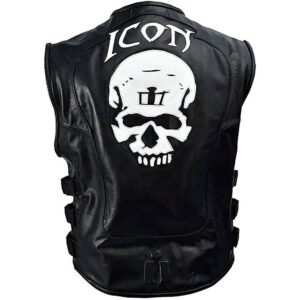 Icon Skull Halloween Style Biker Black Real Leather Vest Mens