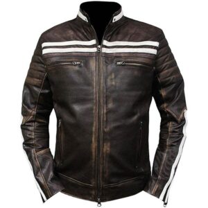 Retro Cafe Racer Distressed Brown Striped Vintage Biker Mens Leather Jacket