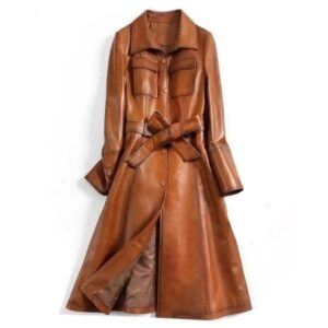 Italian Style Womens Winter Wax Tan Leather Trench Coat