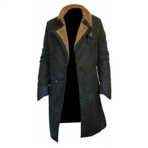 Black Long Cotton Coat with Artificial Fur Collar Jacket Mens