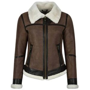 Womens Military Bomber B3 Fur Brown Real Leather Jacket