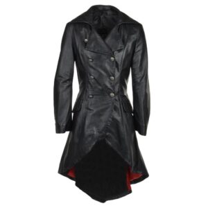 Double Breasted Back Belted Flapper Black Real Leather Long Coat Womens