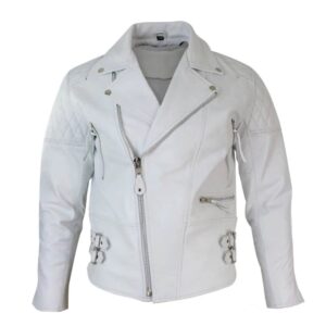 Mens Biker Jacket White Genuine Leather Cafe Racer Retro Motorcycle Coat