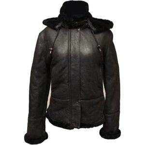 Detachable Hood B3 Bomber Black Leather Jacket with Black Fur, Womens Winter Coat