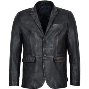 Vintage Blazer Distressed Black Italian Leather Coat Mens