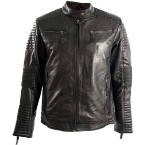 Padded Cafe Racer Retro Biker Genuine Leather Jacket Black Motorcycle Rider Coat