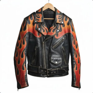 70s Moto Biker Flame Style, Black Biker Mens Jacket, Real Sheepskin Leather Streetwear Moto Rider Coat