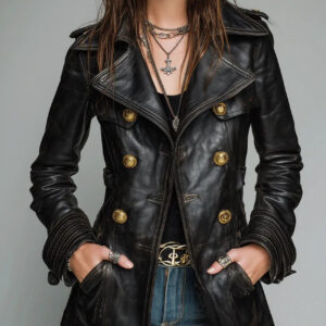 Military Jacket Womens Distressed Brown Sheepskin Leather, Streetwear Coat