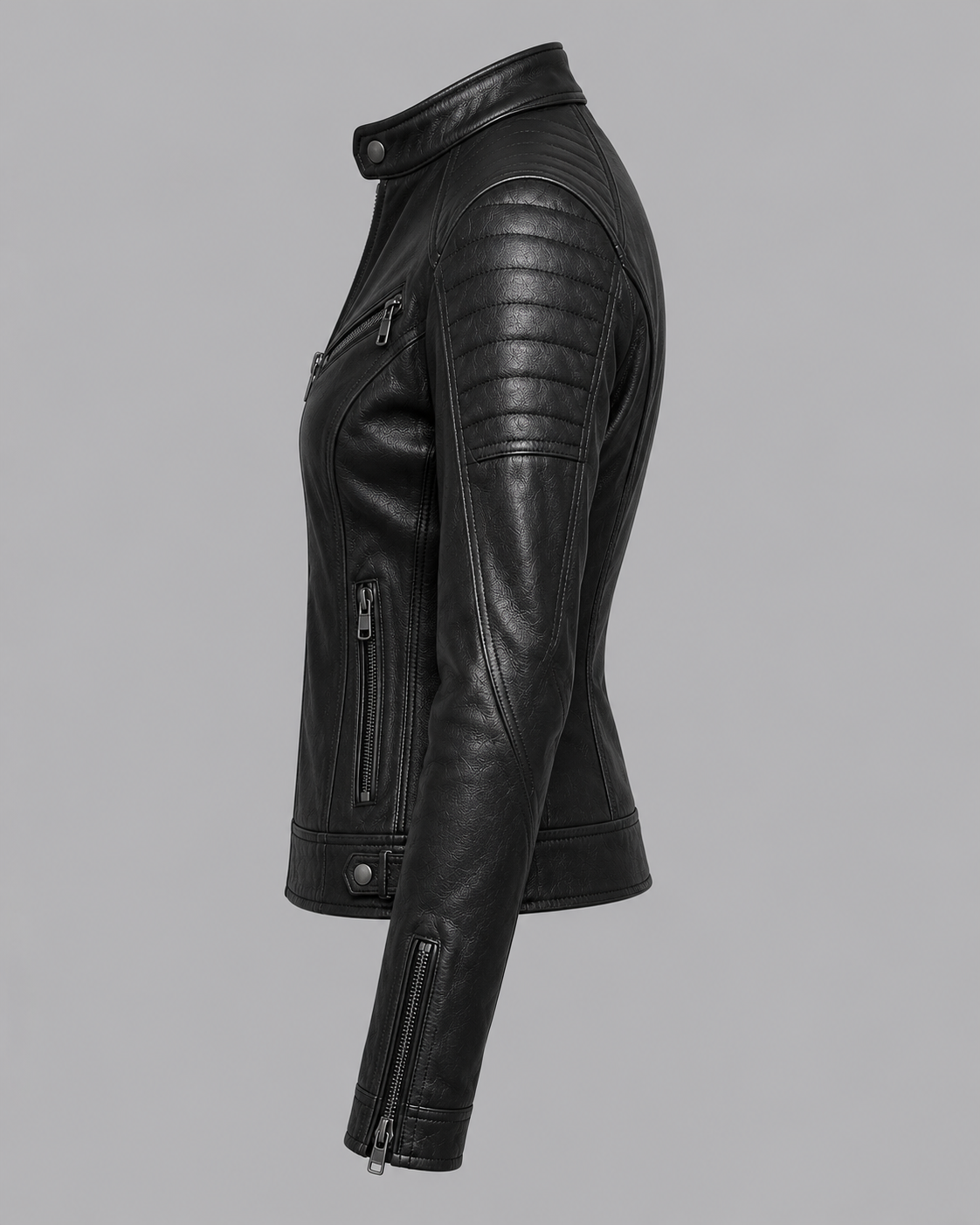 Womens Black Leather Motorcycle Biker Jacket with Quilted Shoulders - Image 4