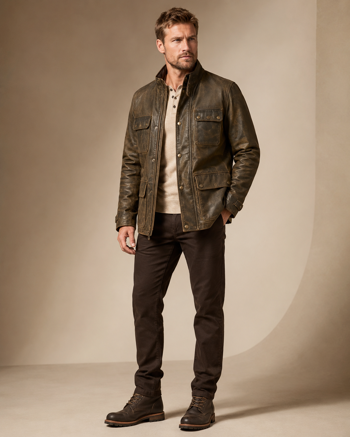 Mens Distressed Brown Leather Field Utility Jacket - Image 2