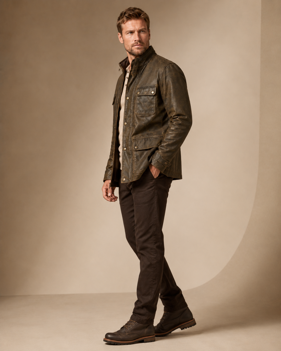 distressed brown leather field jacket