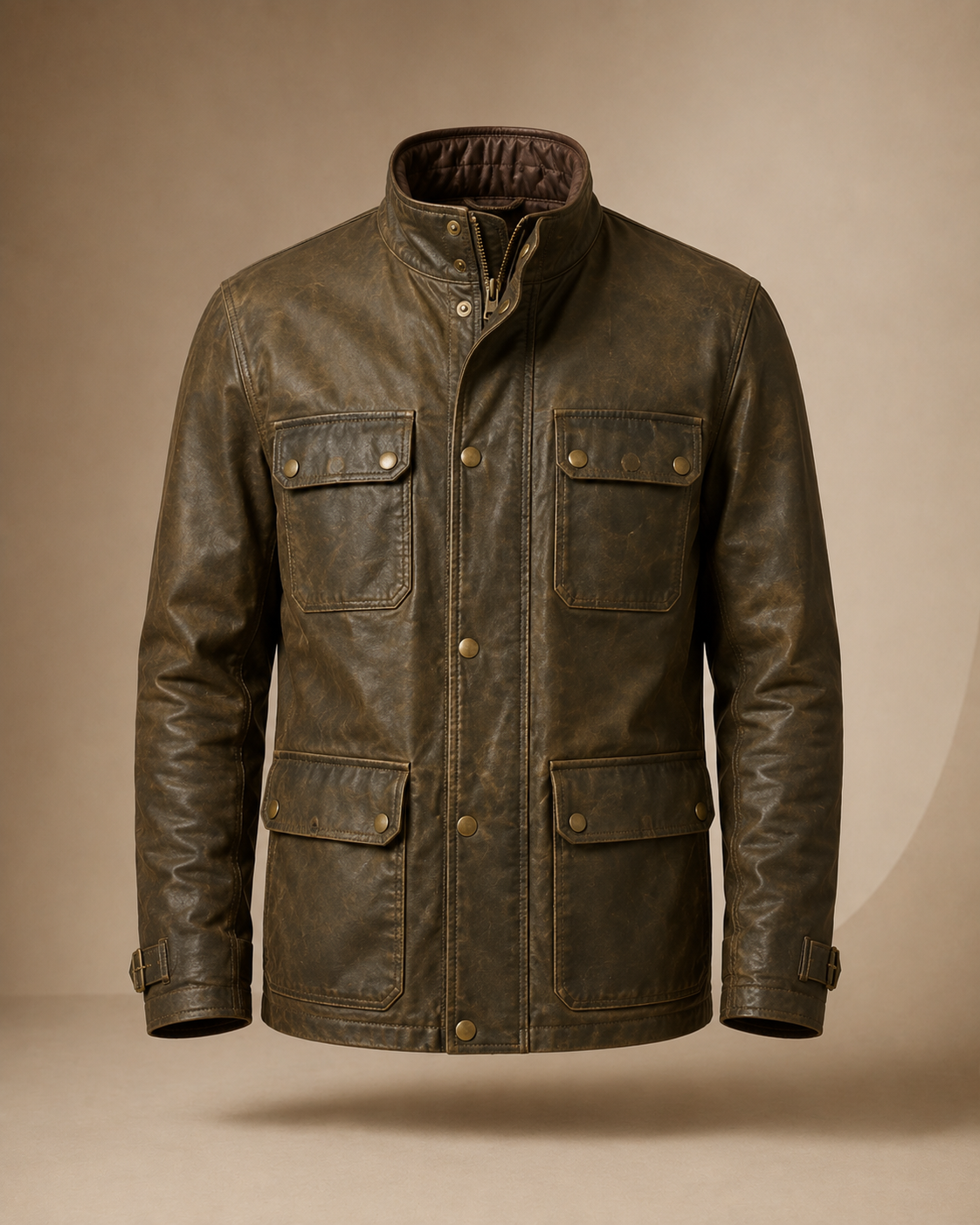 Mens Genuine Leather Utility Field Jacket in Distressed Brown