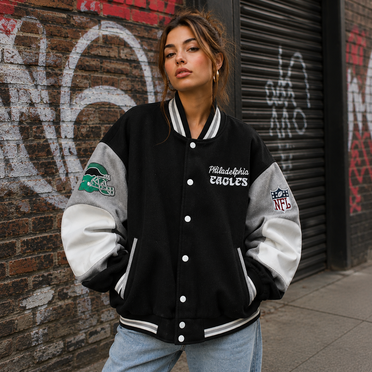 Philadelphia Eagles Retro Kelly Green & Black Varsity Bomber Jacket - Image 2