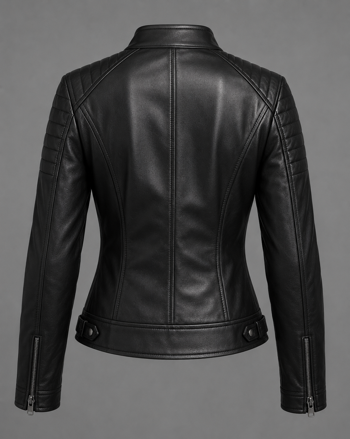Womens Black Leather Motorcycle Biker Jacket with Quilted Shoulders - Image 3