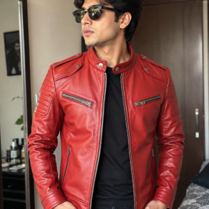 red lambskin leather cafe racer biker jacket