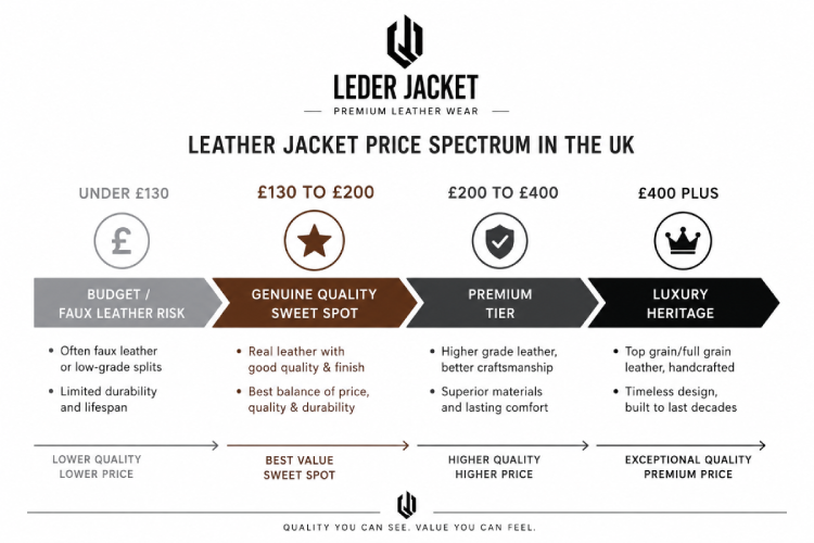 leather jacket price guide UK budget tiers from under £130 to £400 plus showing what each price range buys