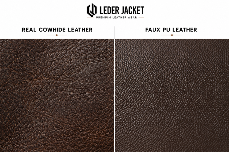 eal leather vs faux leather comparison how to spot genuine cowhide vs PU leather jacket UK